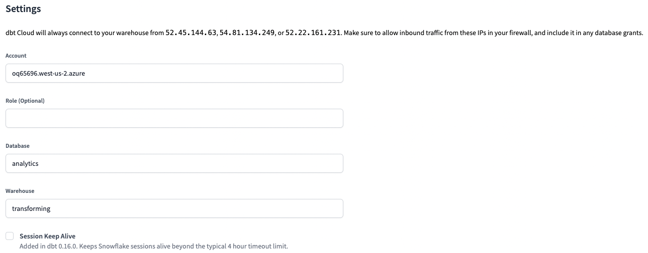 dbt Cloud - Snowflake Account Settings